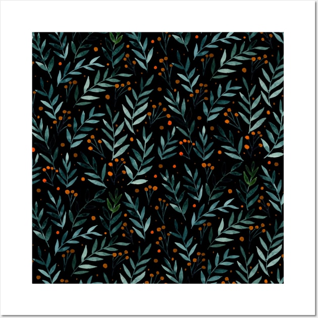 Festive watercolor branches - black, teal and orange Wall Art by wackapacka